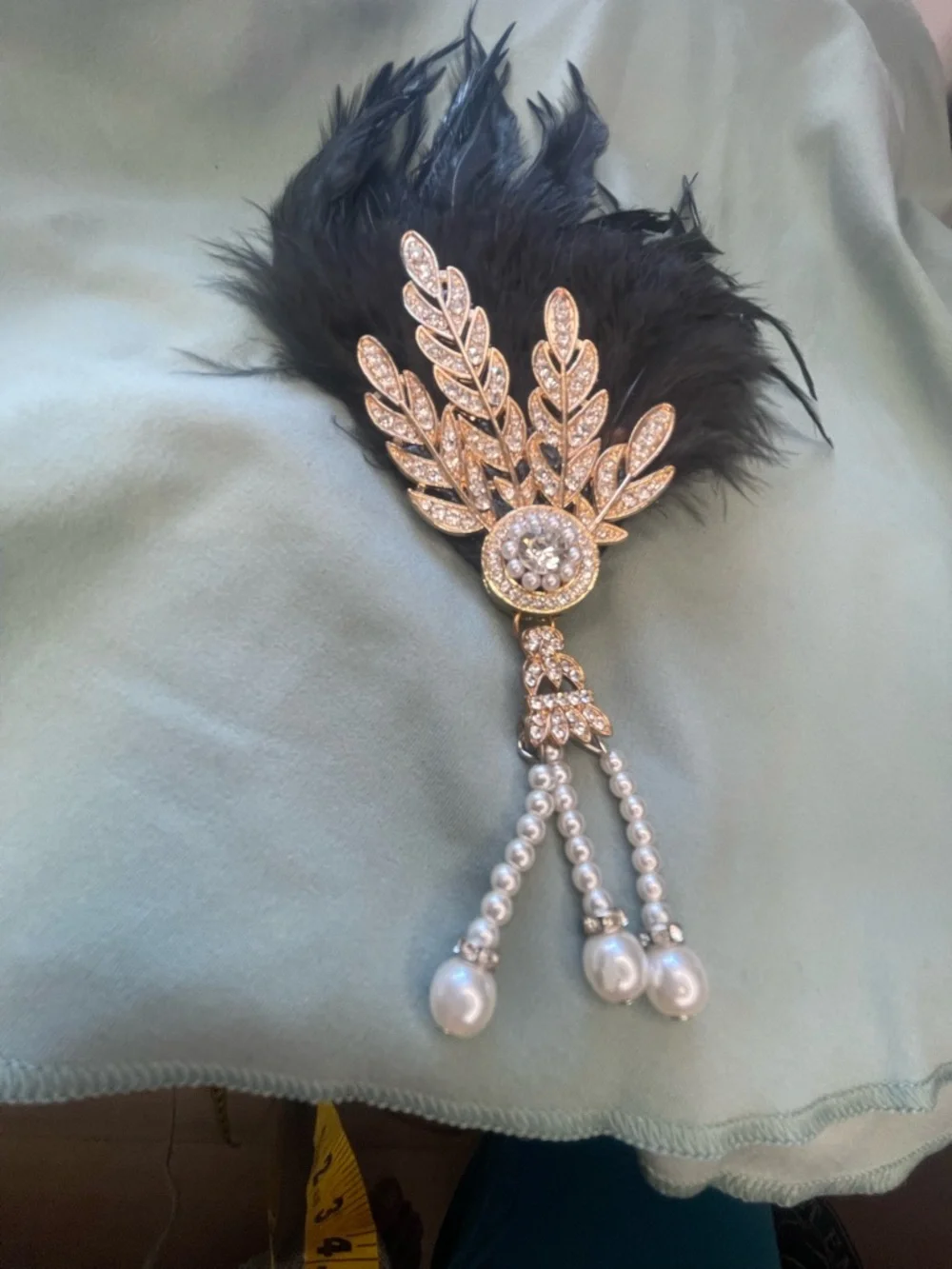 Gold-Tone Crystal & Pearl Feather Brooch with Black Feathers